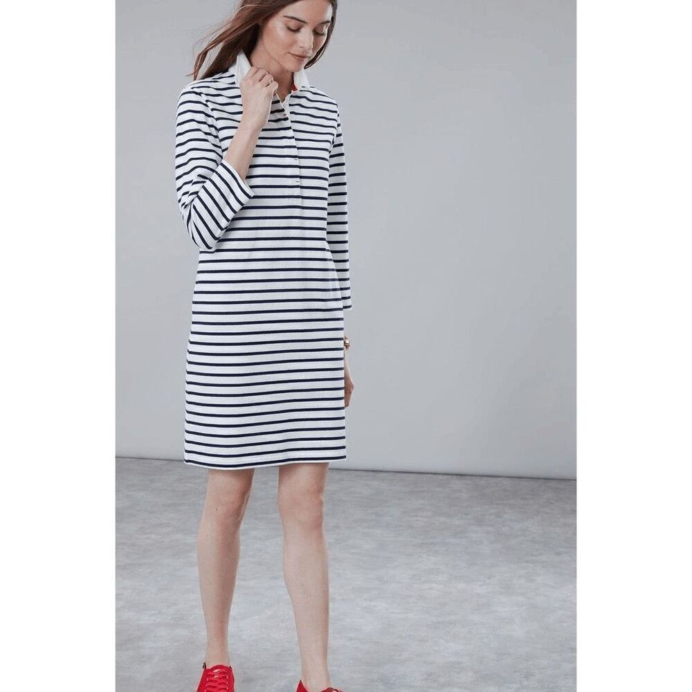 Joules Winona Rugby Dress Navy White Stripes 3/4 Sleeve US 14